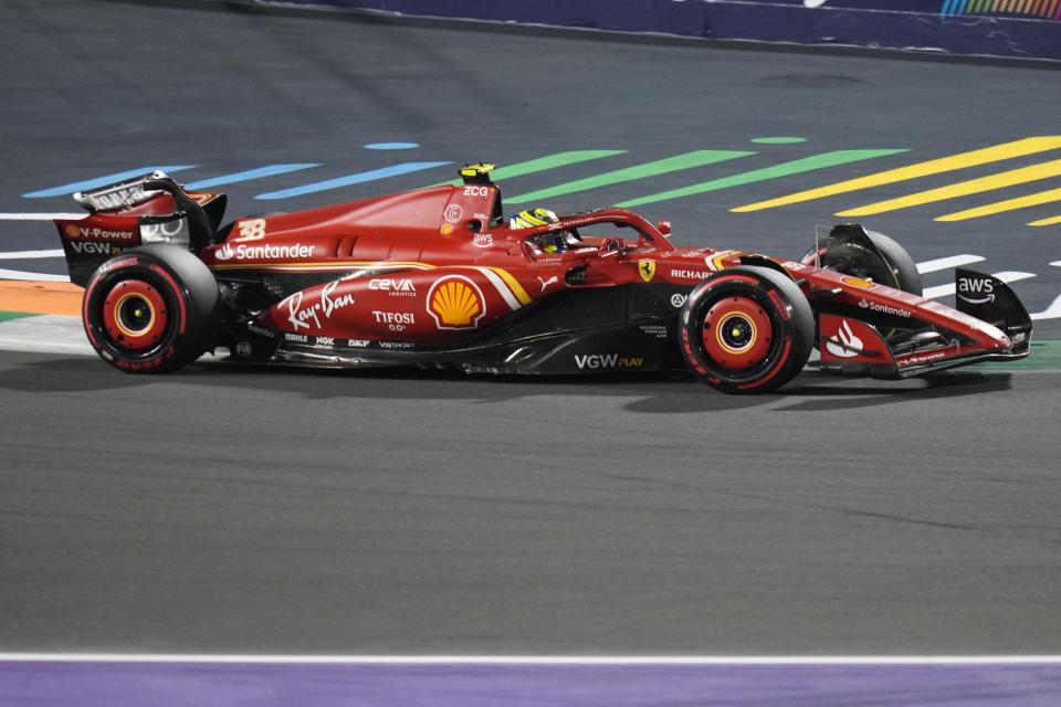 Ferrari driver Oliver Bearman of Britain steers his car during the Formula One Saudi Arabian Grand Prix at the Jeddah Corniche Circuit, in Jedda, Saudi Arabia, Saturday, March 9, 2024. (AP Photo/Darko Bandic)