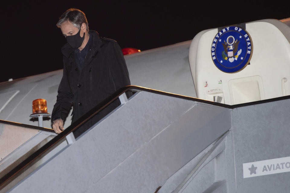 U.S. Secretary of State Antony Blinken disembarks from his airplane upon arrival at Copenhagen Airport in Copenhagen, Denmark, Sunday, May 16, 2021, on his first stop on a five-day European tour. (Saul Loeb/Pool Photo via AP)