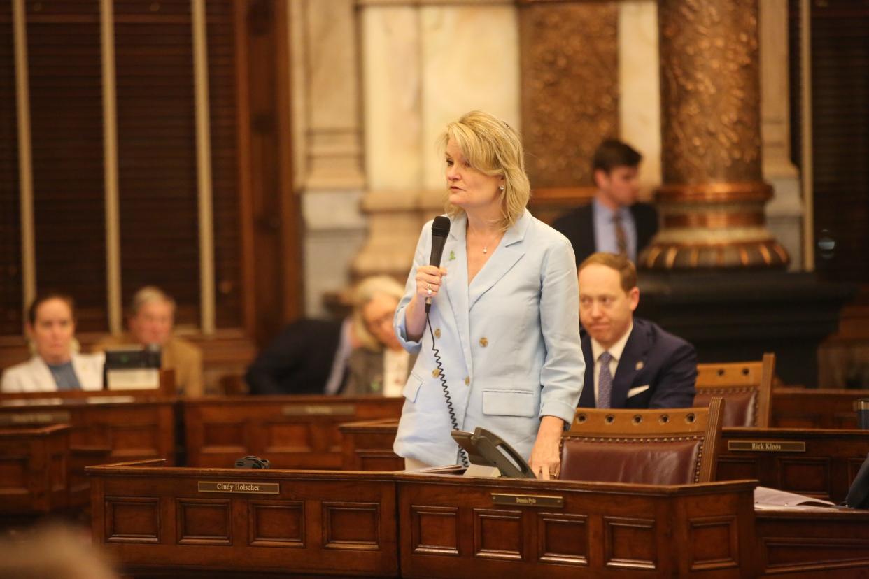 Sen. Cindy Holscher, D-Overland Park, explains her vote in the Kansas Senate in favor of a bill to end the state's criminal statute of limitations for child sex abuse.