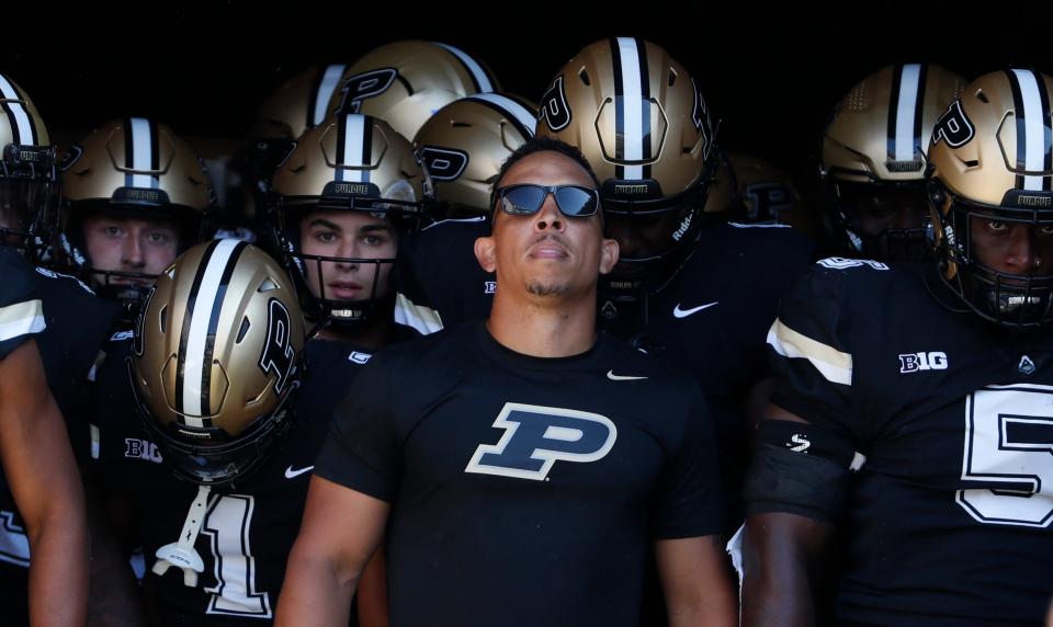 Purdue Boilermakers head coach Ryan Walters leads the Boilermakers onto the field during the NCAA football game against the Fresno State Bulldogs, Saturday, Sept. 2, 2023, at Ross-Ade Stadium in West Lafayette, Ind.