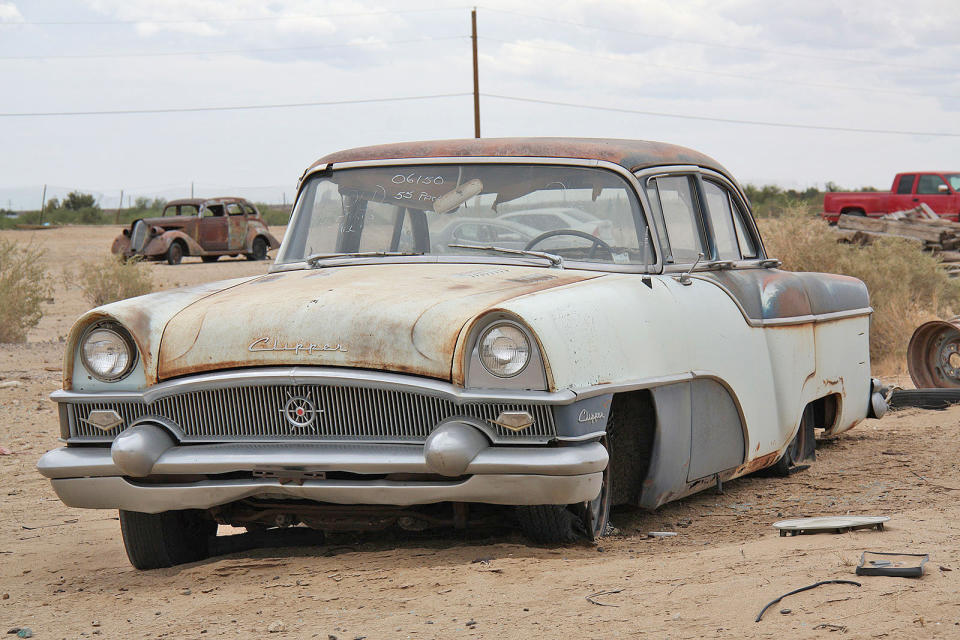 <p>What Thatcher, Arizona-based Valley Auto Wrecking lacked in quantity, it certainly made up for in quality, as we discovered on our visit several years ago. The most unusual resident was this 1955 Packard Clipper. Packard only sold 55,247 cars in 1955, making it the 14th most popular domestic marque that year, and of those just 8309 were Clippers.</p>