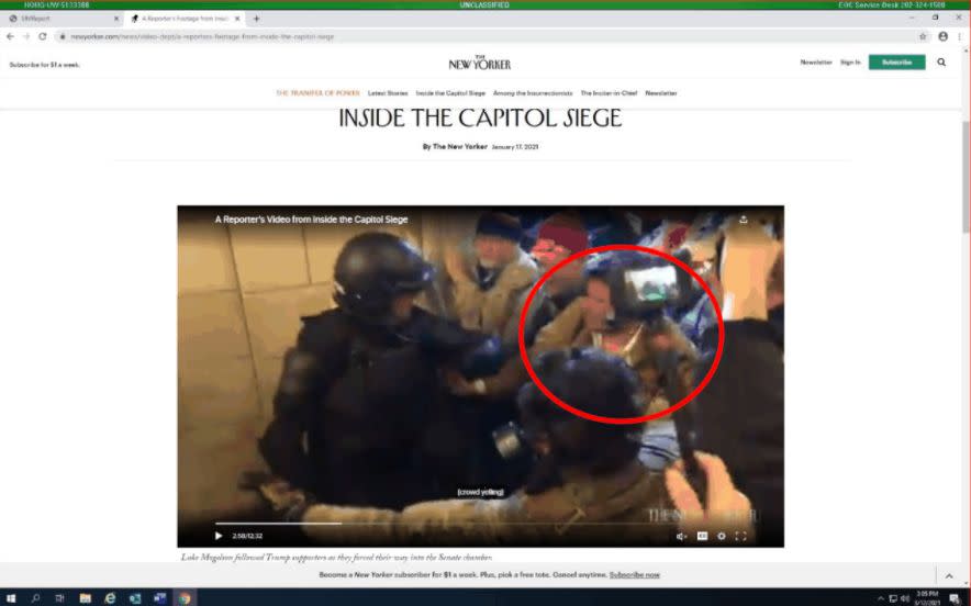 Adam Weibling appears in the red circle in this still from a reporter's video of the Capitol riot, according to an affidavit filed by the FBI. (Photo: FBI)