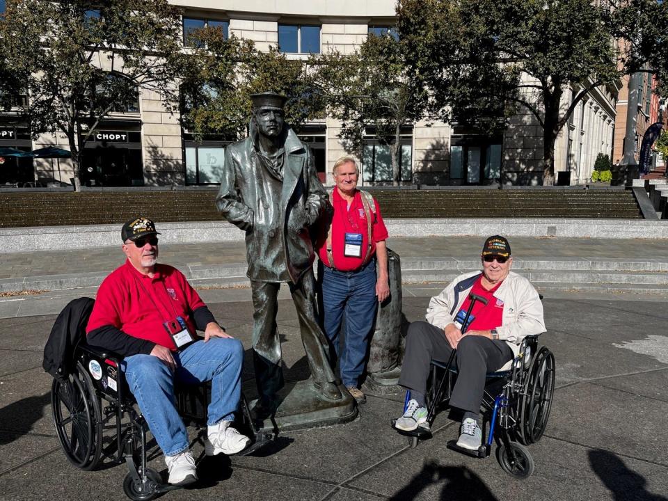 From left, John Walker, Roger Rowlinson and Richard Rowlinson, all of Crawford County, took part in an Honor Flight trip to Washington D.C., on Thursday.