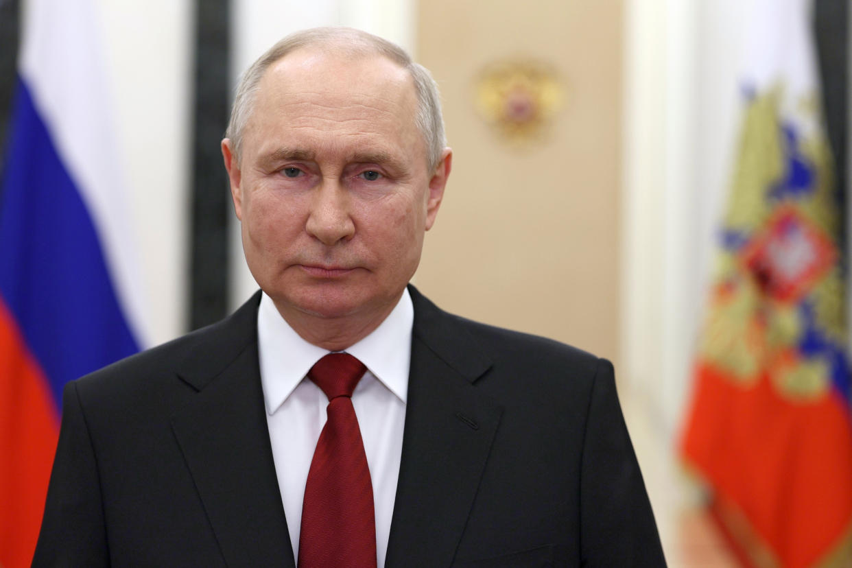 Russian President Vladimir Putin addresses the nation, in Moscow, Russia, Saturday, June 24, 2023. Putin addressed the nation Saturday and vowed to defend the country and its people from an armed rebellion declared by mercenary chief Yevgeny Prigozhin. (Gavriil Grigorov, Sputnik, Kremlin Pool Photo via AP)