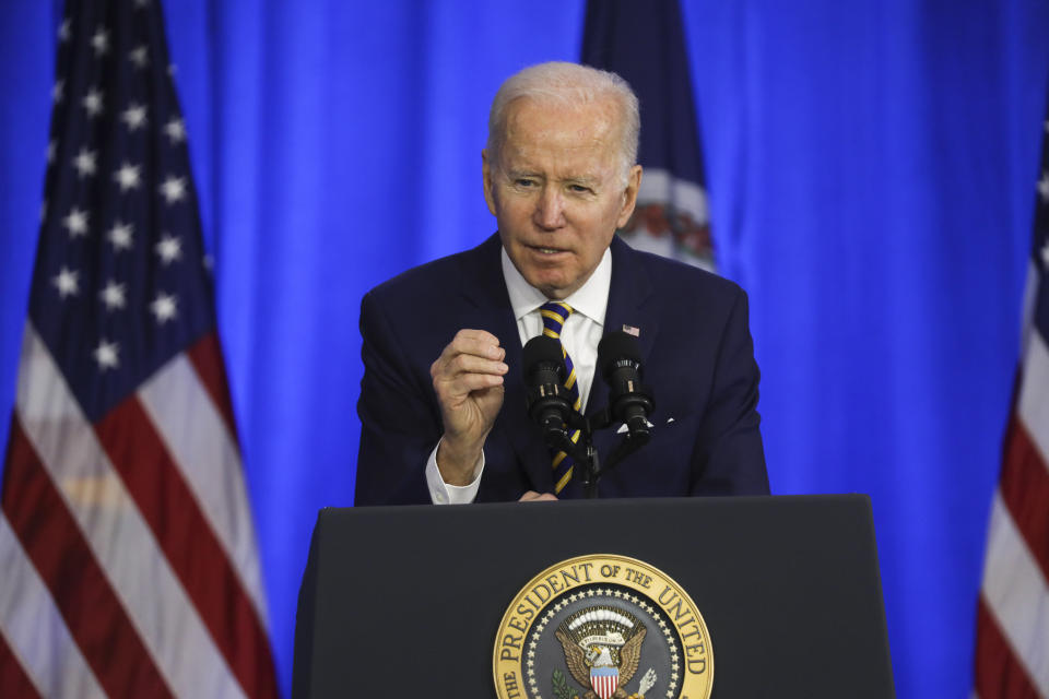 President of the United States Joe Biden visits Culpeper to highlight his work to lower drug pricing and overall healthcare costs for American families, Culpeper, Virginia, United States on February 10, 2022. (Photo by Yasin Ozturk/Anadolu Agency via Getty Images)