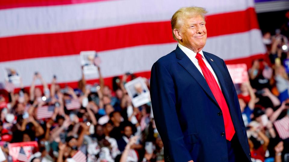 PHOTO: Republican presidential candidate, former U.S. President Donald Trump arrives to a campaign rally at the Liacouras Center on June 22, 2024 in Philadelphia. (Anna Moneymaker/Getty Images)