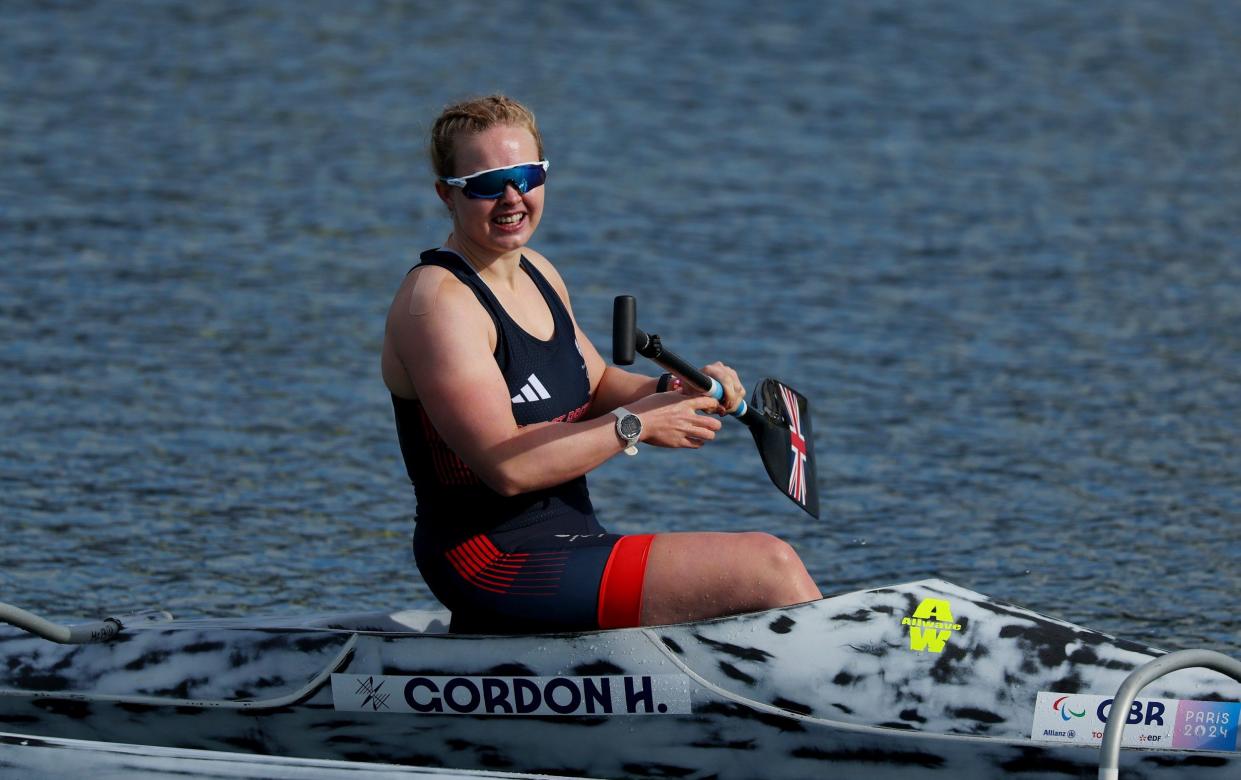 Hope Gordon of Team Great Britain competes in the Women's VA'A Single 200m - Vl3 on day nine of the Paris 2024 Summer Paralympic Games at Vaires-Sur-Marne Nautical Stadium on September 06, 2024 in Paris, France