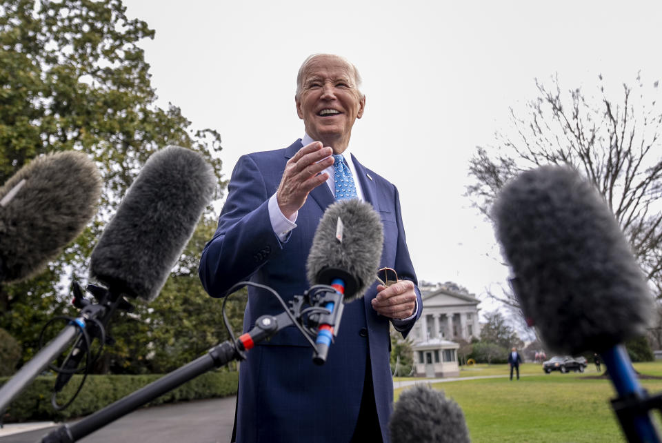 President Joe Biden speaks to members of the media before boarding Marine One on the South Lawn of the White House in Washington, Tuesday, Jan. 30, 2024, for a short trip to Andrews Air Force Base, Md., and then on to Florida for campaign receptions. (AP Photo/Andrew Harnik)