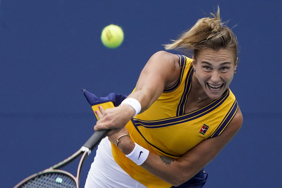 Aryna Sabalenka, of Belarus, serves to Tamara Zidansek, of Slovakia, during the second round of the US Open tennis championships, Wednesday, Sept. 1, 2021, in New York. (AP Photo/John Minchillo)