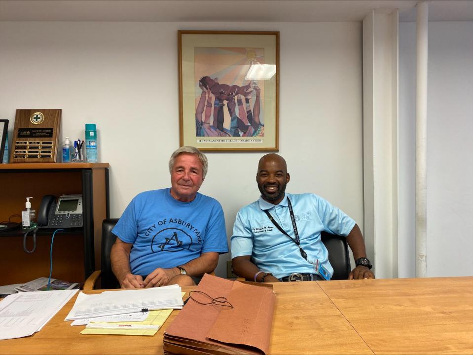 Asbury Park Mayor John Moor, left, and Superintendent Dr. RaShawn Adams meeting for the second time in a week to discuss the issues the city and school district face due to state aid cuts.