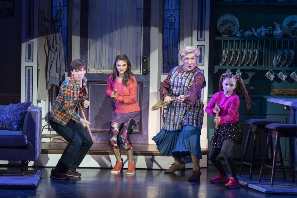 <div class="inline-image__caption"><p>Jake Ryan Flynn (Christopher Hillard), Analise Scarpaci (Lydia Hillard), Rob McClure (Daniel Hillard as Euphegenia Doubtfire), and Avery Sell (Natalie Hillard) in “Mrs. Doubtfire.”</p></div> <div class="inline-image__credit">Joan Marcus</div>