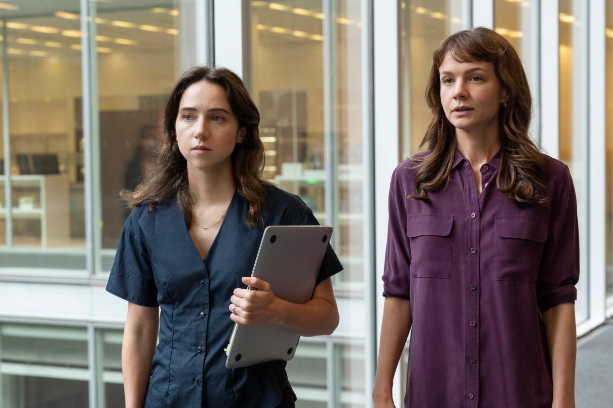 "She Said" focuses on the nitty gritty of journalism, as Jodi (Zoe Kazan) and Megan (Carey Mulligan) attempt to verify their reporting and get comment from Weinstein himself.