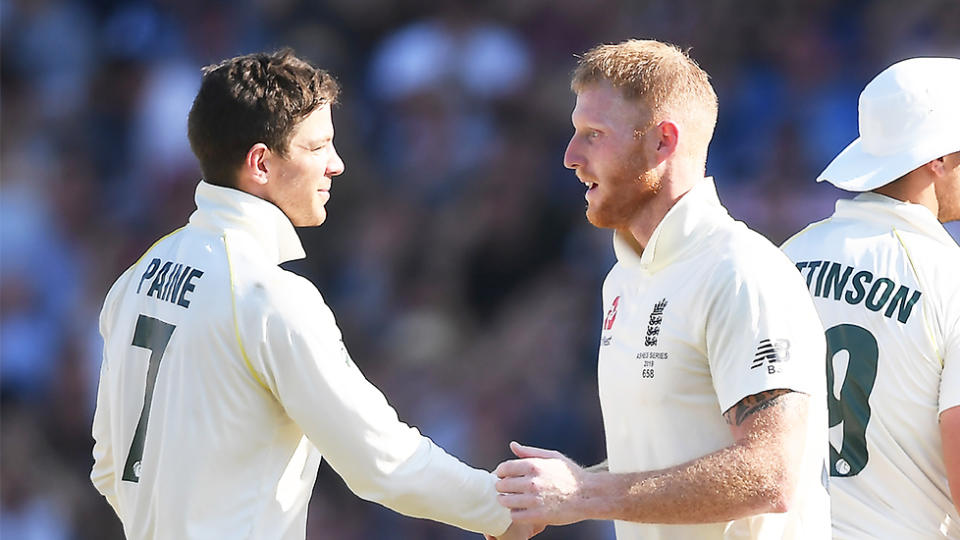 Ben Stokes shakes hands with Tim Paine during Day Four after England won in dramatic fashion.