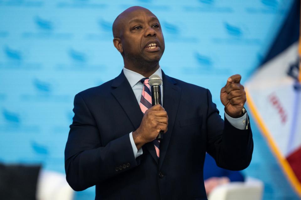 U.S. Sen. Tim Scott, R-SC, speaks to the crowd at the Iowa Faith and Freedom Coalition's annual Spring Kick-Off, on Saturday, April 22, 2023, in Clive, Iowa.