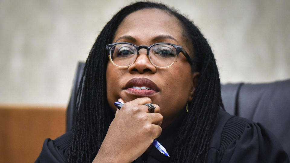 Judge Ketanji Brown Jackson listens to arguments as local high school students observe a reenactment of a landmark Supreme court case at U.S. Court of Appeals in Washington, DC.
(Bill O'Leary/The Washington Post via Getty Images)