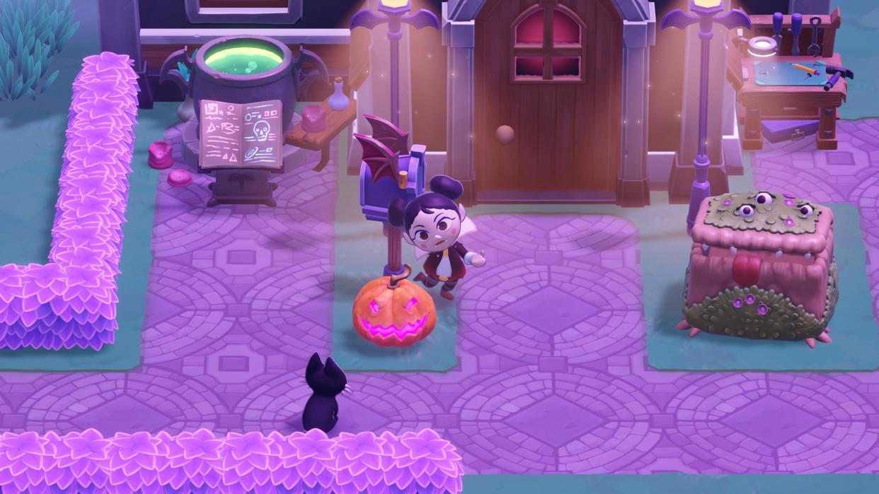  Moonlight Peaks - a small vampire poses by a jack-o-lantern in front of their spooky castle and cauldron. 