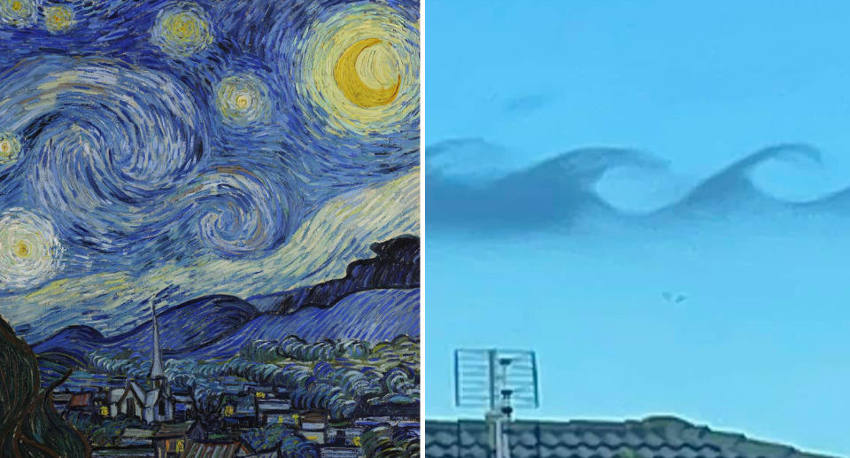 Vincent Van Gogh's 'Starring Night' painting beside the wave-shaped clouds in Ballina.