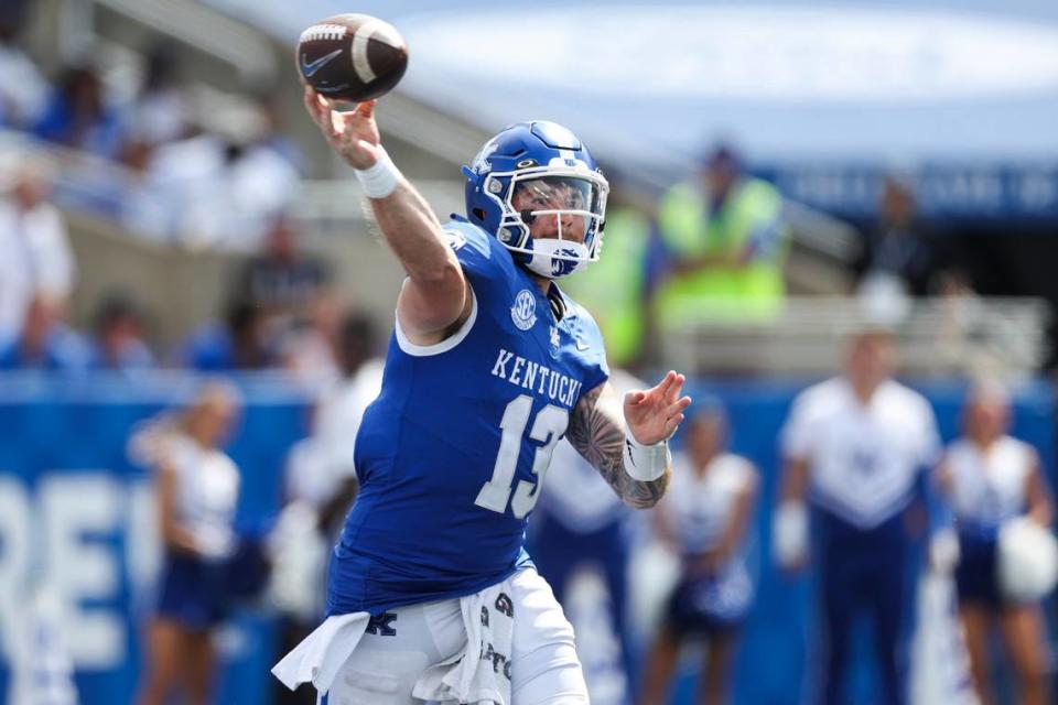 After completing only eight of 20 passes in the first half last week against Ball State, Kentucky quarterback Devin Leary (13) went 10-of-11 in half two of the Wildcats’ 44-14 win.