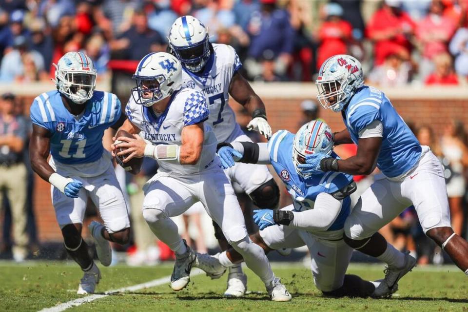 Kentucky’s Will Levis carries the ball against Ole Miss on Saturday, Oct. 1, 2022, in Oxford, Mississippi.