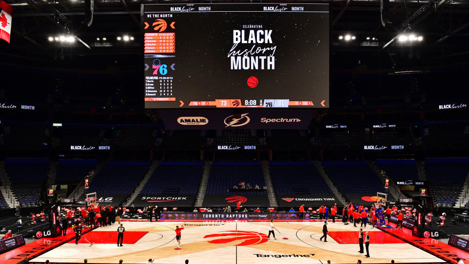 TAMPA, FLORIDA - FEBRUARY 23: A general view at Amalie Arena during the second half of a game between the Toronto Raptors and the Philadelphia 76ers on February 23, 2021 in Tampa, Florida. NOTE TO USER: User expressly acknowledges and agrees that, by downloading and/or using this Photograph, user is consenting to the terms and conditions of the Getty Images License Agreement. (Photo by Julio Aguilar/Getty Images)