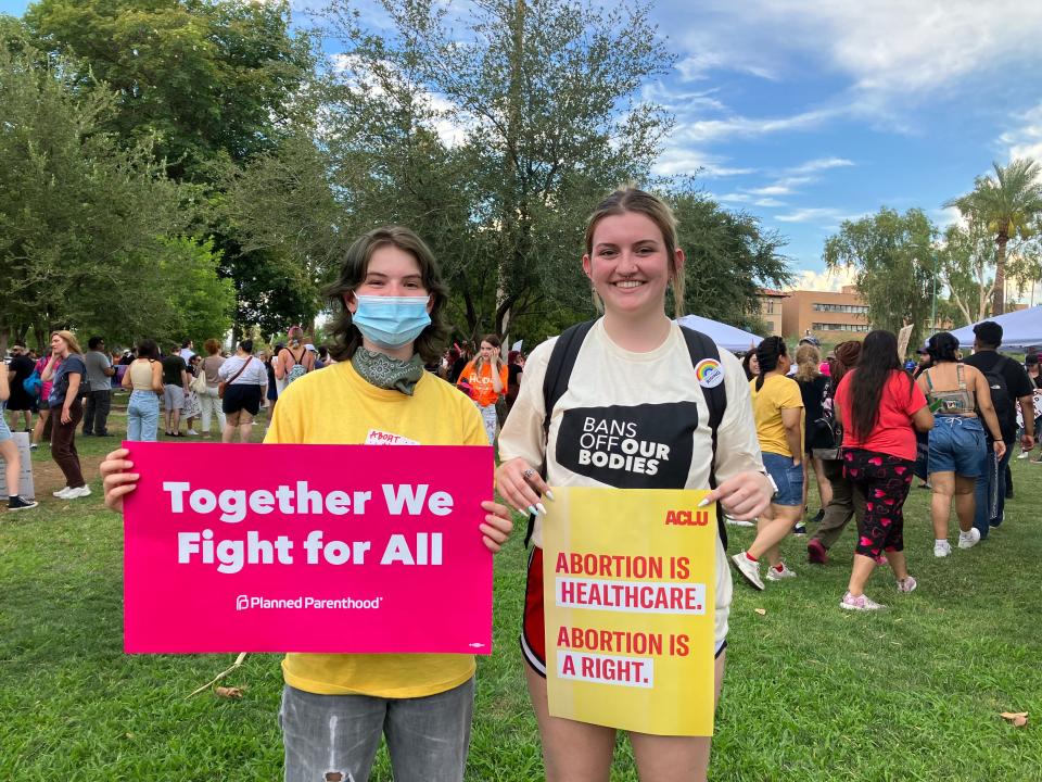 Wren Fasano, 18, and Camryn Supino, 19, at the protest over Roe v. Wade being overturned, outside the Arizona Capitol on June 24, 2022.