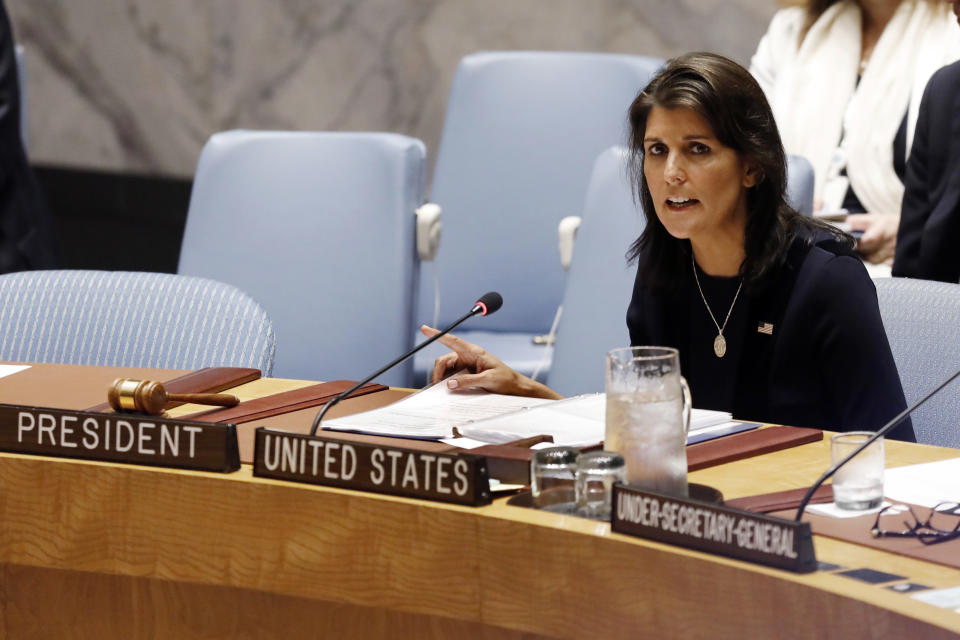 U.S. Ambassador Nikki Haley addresses the United Nations Security Council, Monday, Sept. 17, 2018, at U.N. headquarters. (AP Photo/Richard Drew)