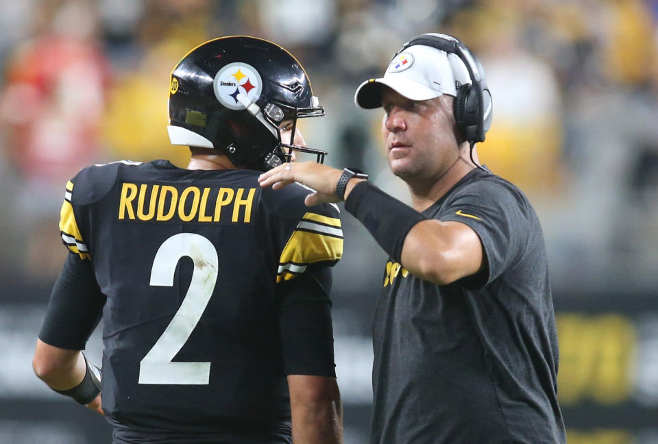 Aug 17, 2019; Pittsburgh, PA, USA;  Pittsburgh Steelers quarterback Mason Rudolph (2) is congratulated after a touchdown drive by quarterback Ben Roethlisberger (right) against the Kansas City Chiefs during the second quarter at Heinz Field. Mandatory Credit: Charles LeClaire-USA TODAY Sports