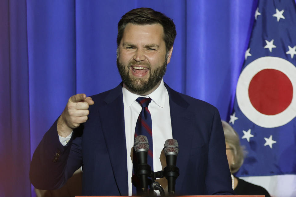 Republican U.S. Sen.-elect JD Vance speaks during an election night party Tuesday, Nov. 8, 2022, in Columbus, Ohio. (AP Photo/Jay LaPrete)