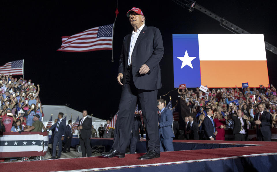 Former President Donald Trump walks on stage at a rally, Saturday, Oct. 22, 2022, in Robstown, Texas. (AP Photo/Nick Wagner)