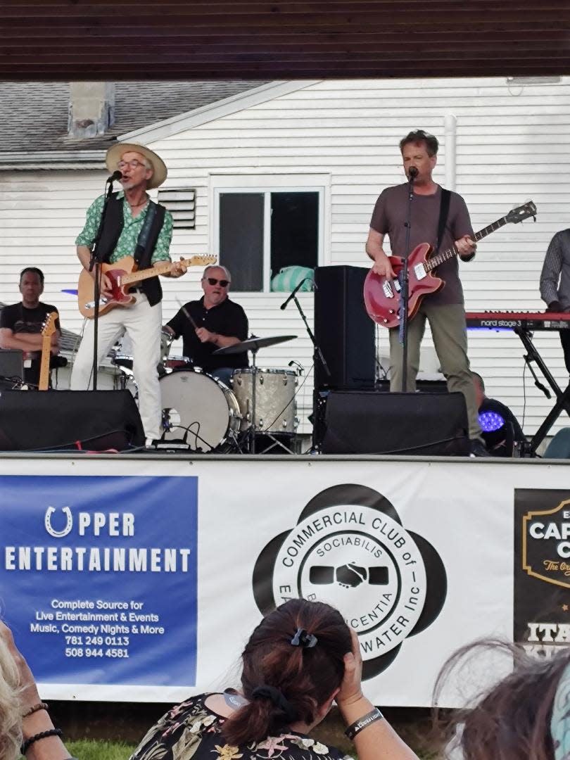 Del Fuegos singer Dan Zanes, drummer Woody Giessmann, bassist Tom Lloyd during the Del Fuegos' reunion concert on Saturday, July 15, 2023, at the East Bridgewater Commercial Club.