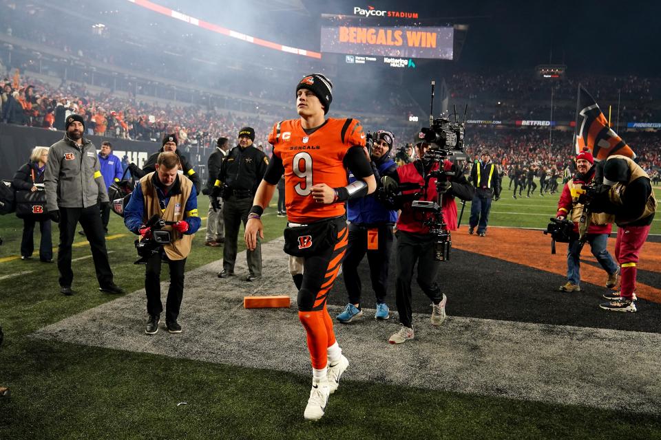 Cincinnati Bengals quarterback Joe Burrow jogs off the field after beating the Kansas City Chiefs.