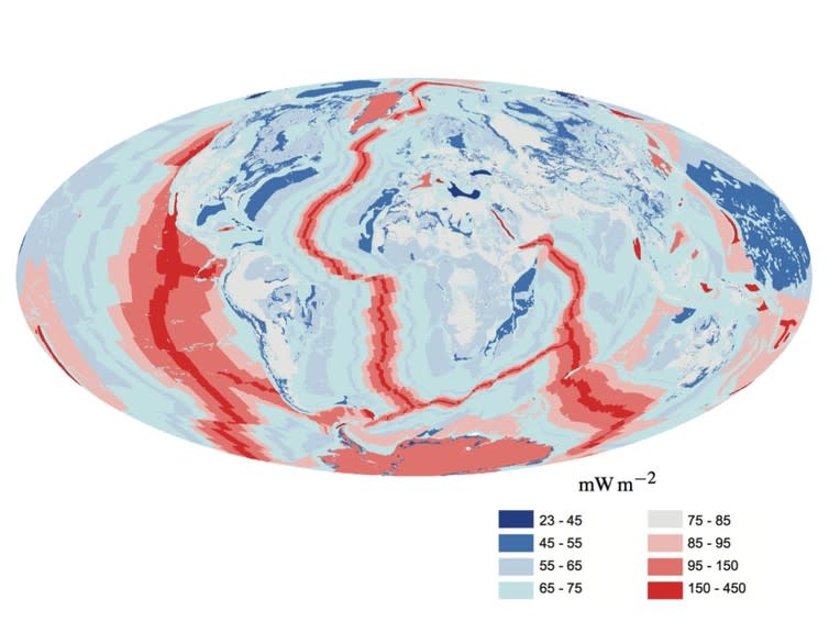 <span class="caption">Earth heat flow map.</span> <span class="attribution"><a class="link " href="https://en.wikipedia.org/wiki/Earth%27s_internal_heat_budget#/media/File:Earth_heat_flow.jpg" rel="nofollow noopener" target="_blank" data-ylk="slk:wikipedia;elm:context_link;itc:0;sec:content-canvas">wikipedia</a>, <a class="link " href="http://creativecommons.org/licenses/by-sa/4.0/" rel="nofollow noopener" target="_blank" data-ylk="slk:CC BY-SA;elm:context_link;itc:0;sec:content-canvas">CC BY-SA</a></span>