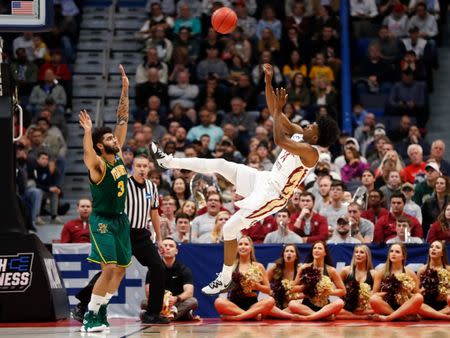Mar 21, 2019; Hartford, CT, USA; Florida State Seminoles guard Terance Mann (14) attempts a shot past Vermont Catamounts forward Anthony Lamb (3) during the second half off a game in the first round of the 2019 NCAA Tournament at XL Center. Mandatory Credit: David Butler II-USA TODAY Sports