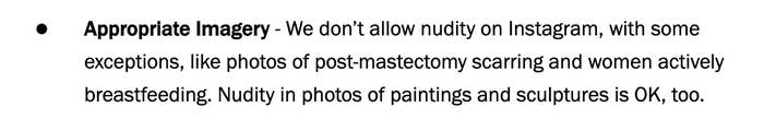 Appropriate imagery - We don't allow nudity on IG, with some exceptions,  like photos of post-mastectomy scarring and women actively breastfeeding. Nudity in photos of paintings and sculptures is OK, too