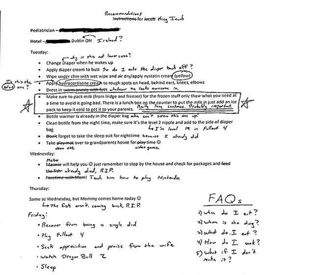 A husbands witty edits to wife's instructions on how to look after their baby while she is away for two nights. Source: Imgur