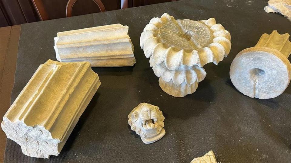 Archaeologists said they unearthed pieces of decorated marble columns in the synagogue ruins.