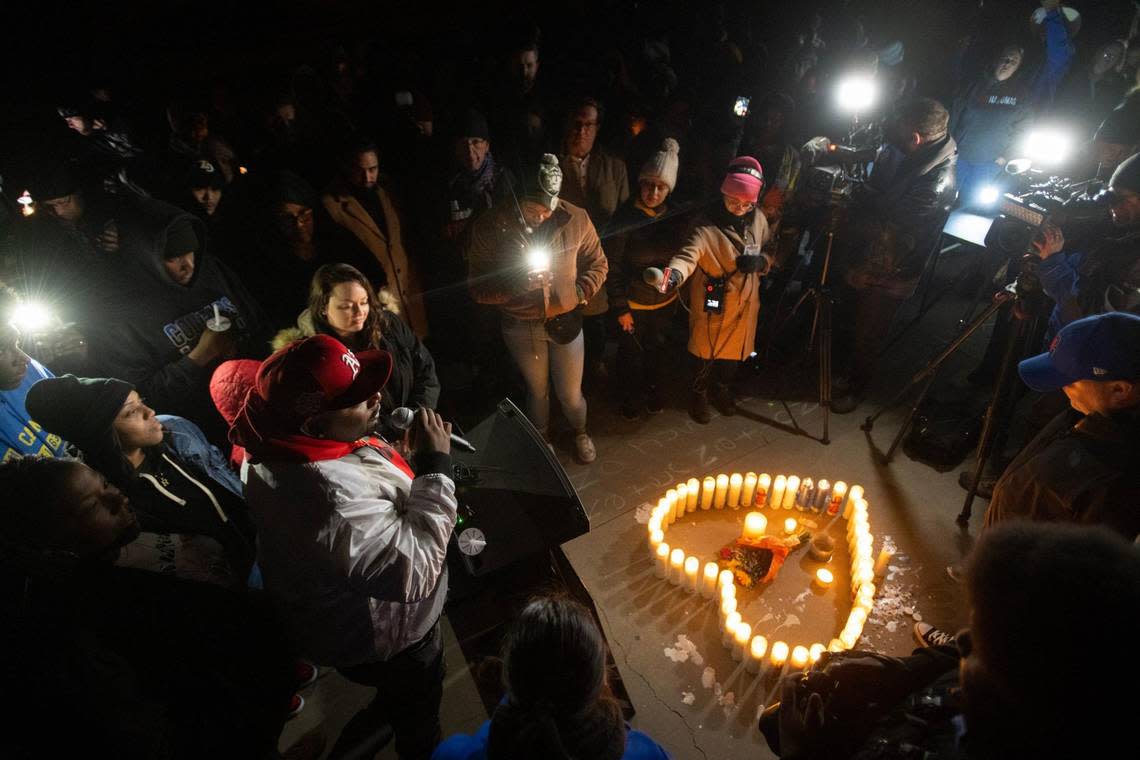 Family and friends of Tyre Nichols offer remembrances during a vigil at Regency Skate Park, where Tyre used to skateboard, in Sacramento on Monday, Jan. 30, 2023. On Jan. 7, 2023, five police officers from the Memphis Police Department severely beat the 29-year-old Nichols during a traffic stop in Memphis, Tennessee.