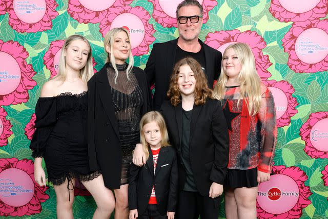 <p>Stefanie Keenan/Getty</p> From left: Stella Spelling, Tori Spelling, Beau Spelling, Dean McDermott, Finn Spelling, and Hattie Spelling attend the Luskin Orthopaedic Institute for Children, Stand for Kids Gala at Universal Studios Hollywood on June 10, 2023 in Universal City, California.