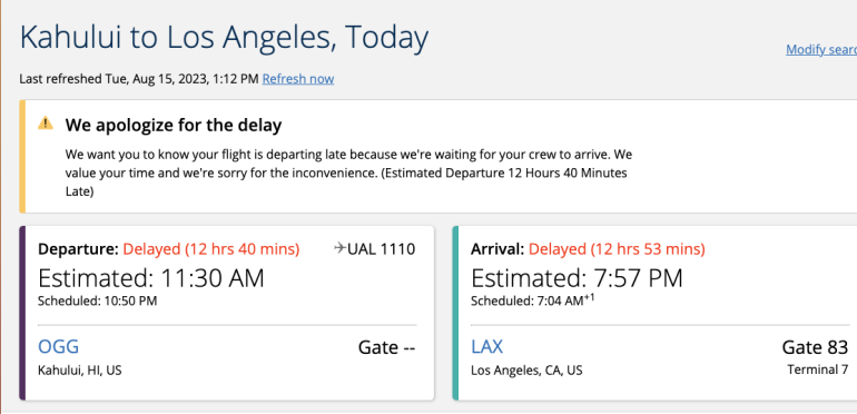 The United Airlines website provides updated schedules and also displays the reason for the delay.