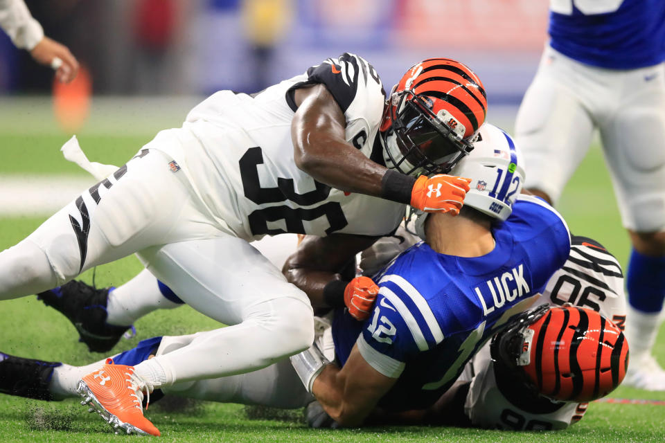 Bengals safety Shawn Williams was fined on Friday for his rough hit on Indianapolis Colts quarterback Andrew Luck in their season opener that led to his ejection. (Photo by Andy Lyons/Getty Images)