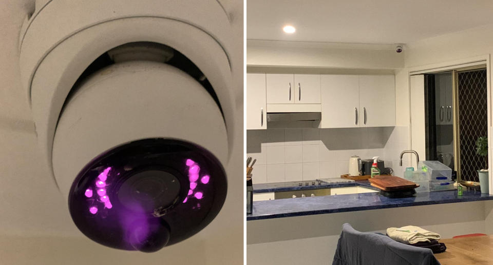 Left, the surveillance camera can be seen close up. Right, the camera can be seen in the context of the kitchen. 