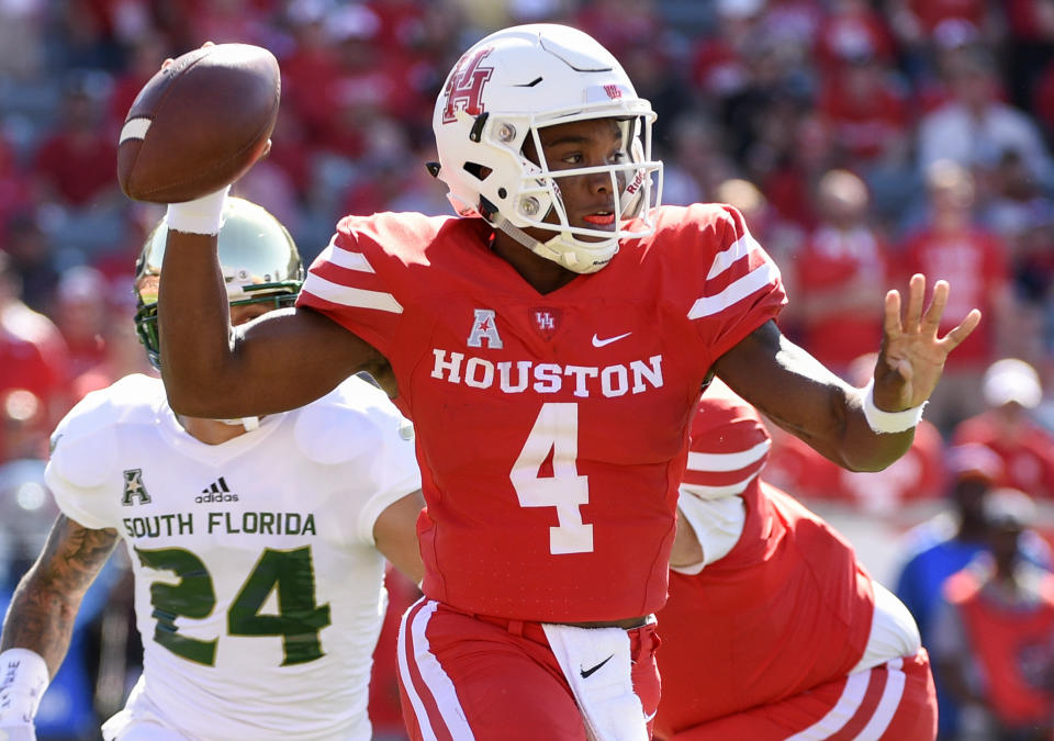 Houston quarterback D’Eriq King (4) looks to pass during the first half of an NCAA college football game against South Florida, Saturday, Oct. 27, 2018, in Houston. (AP)