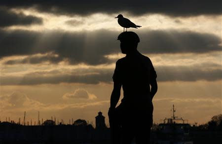 A seagull sits on the 'Mudlarks' sculpture by Michael Peacock during sunset in Portsmouth November 26, 2013. The British shipbuilding industry has been through a turbulent time after defence contractor BAE Systems announced in November that it planned to lay off 1,775 ship workers across the UK. REUTERS/Stefan Wermuth