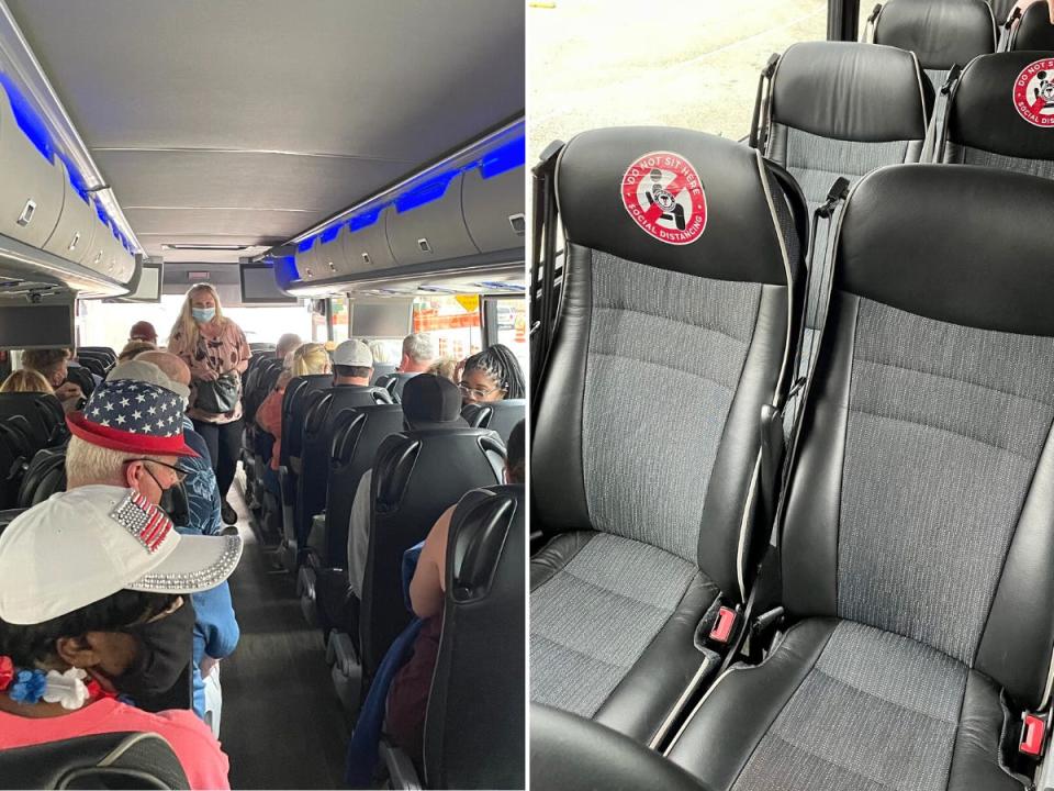 Side-by-side images of the packed bus and the stickers indicating passengers should social distance.