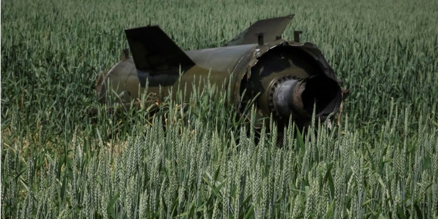 Debris of the Russian Tochka-U missile in a Ukrainian wheat field, Donetsk Oblast
