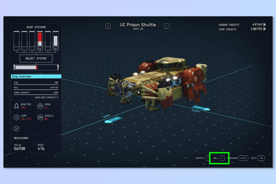 A screenshot showing how to sell a ship in Starfield