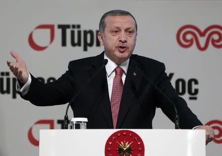 Turkey's President Tayyip Erdogan speaks during the opening of an extension to an oil refinery near Istanbul December 15, 2014. REUTERS/Osman Orsal