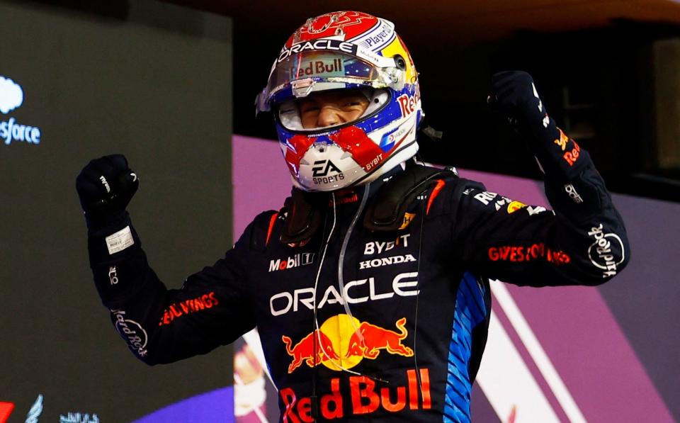 Max Verstappen celebrates victory at the Bahrain Grand Prix