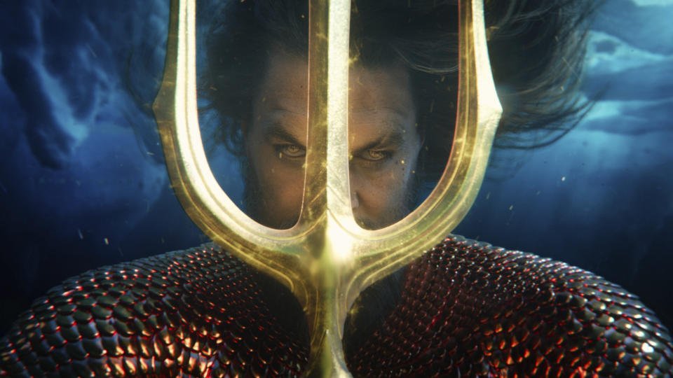 This image released by Warner Bros. Pictures shows Jason Momoa in a scene from "Aquaman and the Lost Kingdom." (Warner Bros. Pictures via AP)