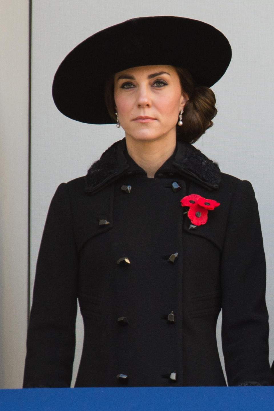 <p>For Remembrance Sunday, Kate wore a suitably sombre look. Dressed entirely in black, she joined other members of the royal family for the service in a buttoned black coat and matching wide-brimmed hat.</p><p><i>[Photo: PA]</i></p>